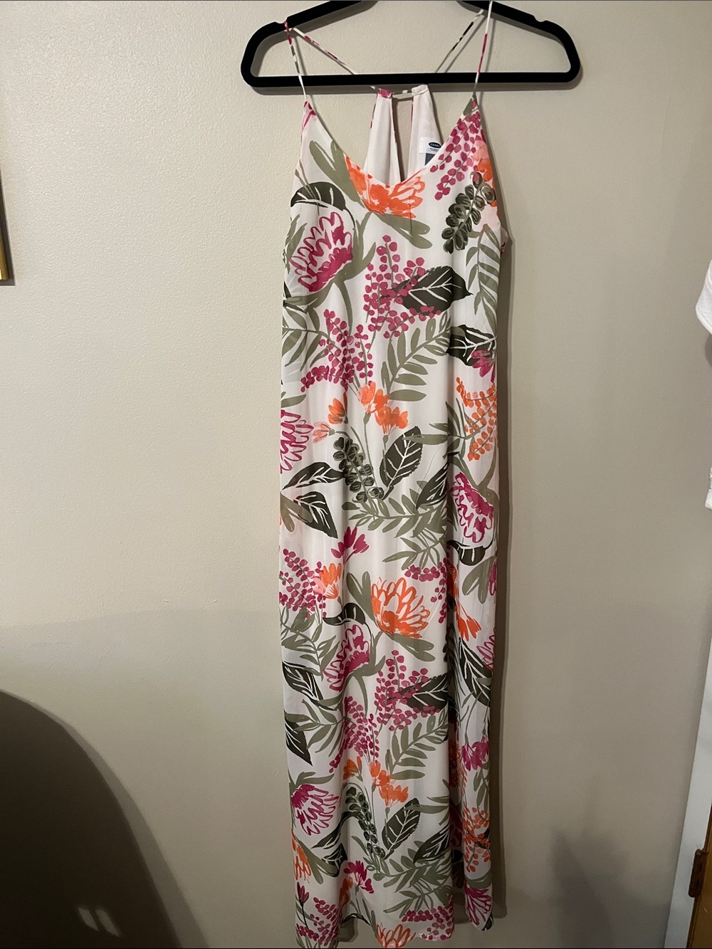 Old Navy White Maxi Dress with Pink, Orange & Green Floral Print